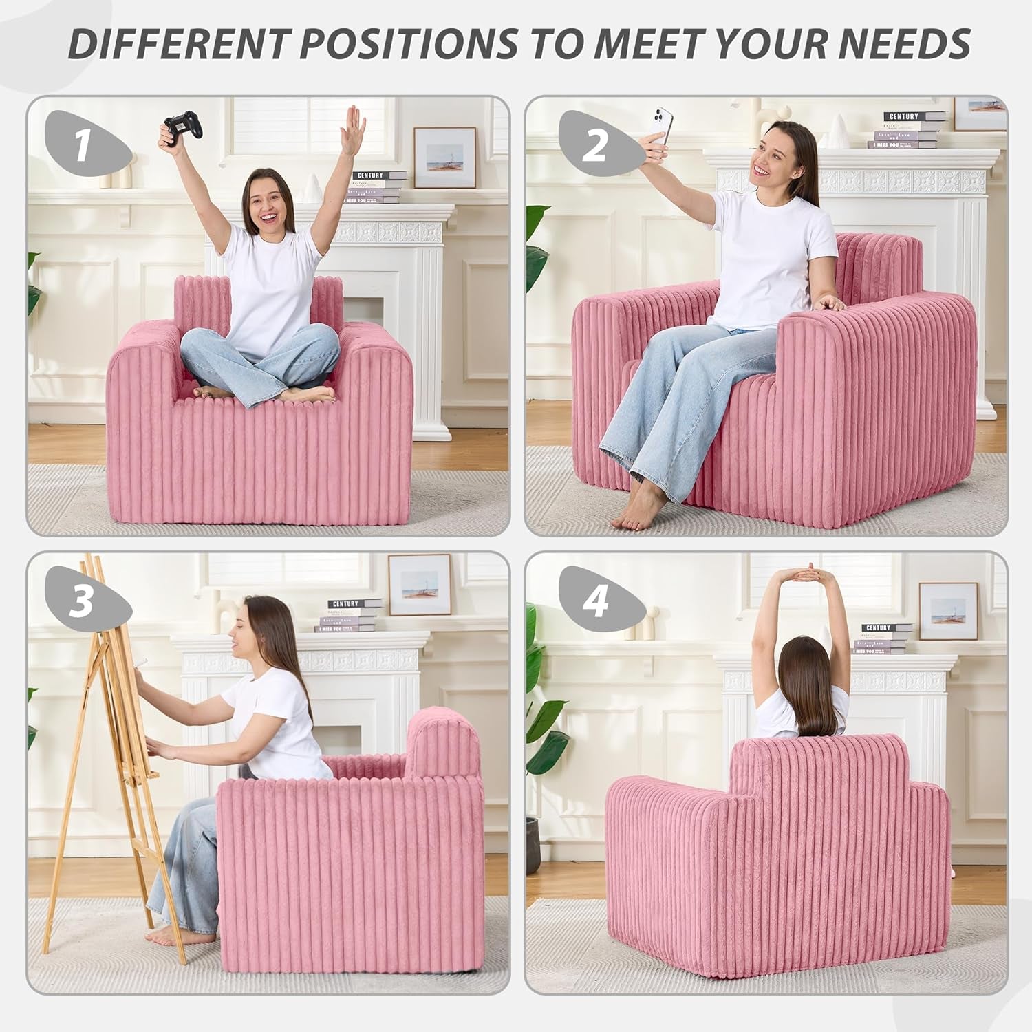 Giant Bean Bag Chair for Adults, Non-Slip Floor Sofa with High Backrest & Wider Armrest, Upgrade Whole Sponge Bean Bag Sofa Couch for Bedroom Living Room(Large,Pink,Stripe Plush)